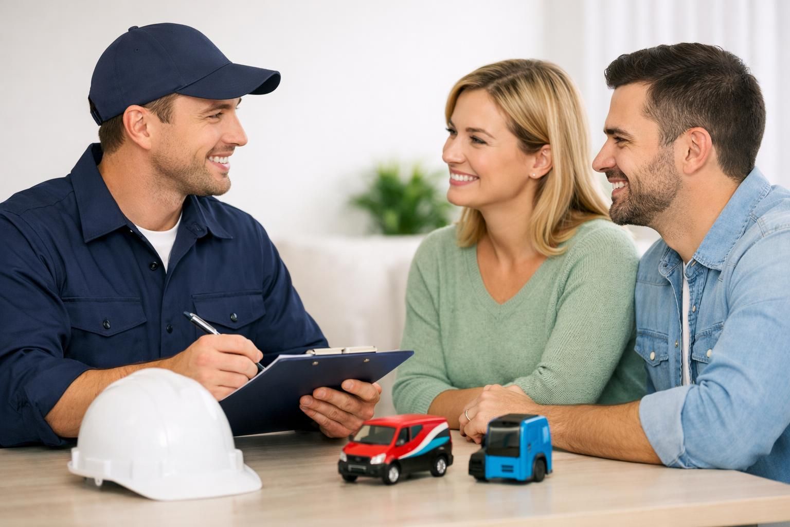 Delivery worker with clipboard talking to smiling couple