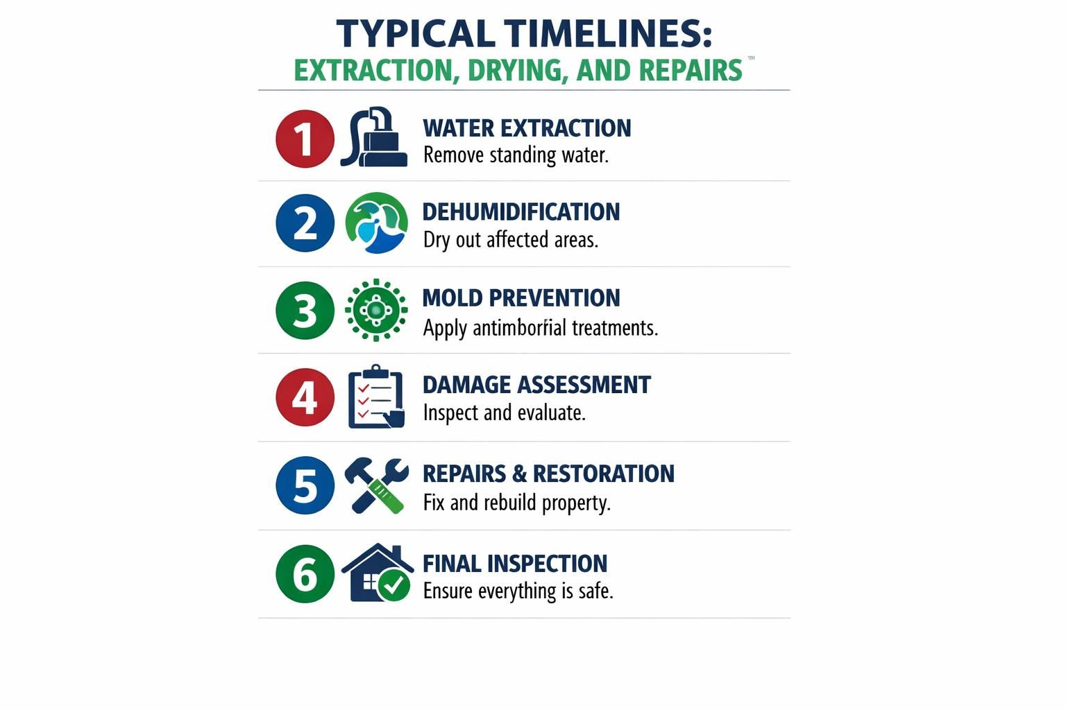 Infographic showing six steps for water damage restoration timeline