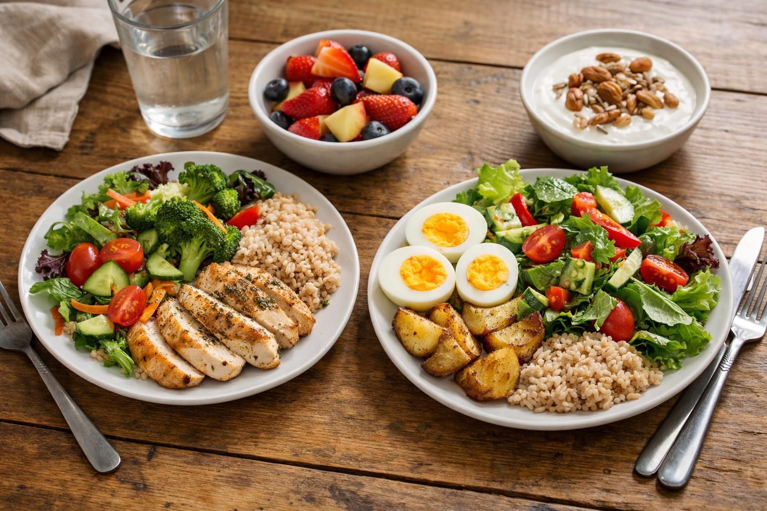 Two plates with chicken, eggs, salad, grains, potatoes