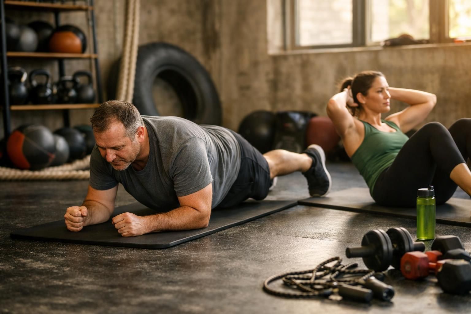 Man planking on mat while woman does sit ups