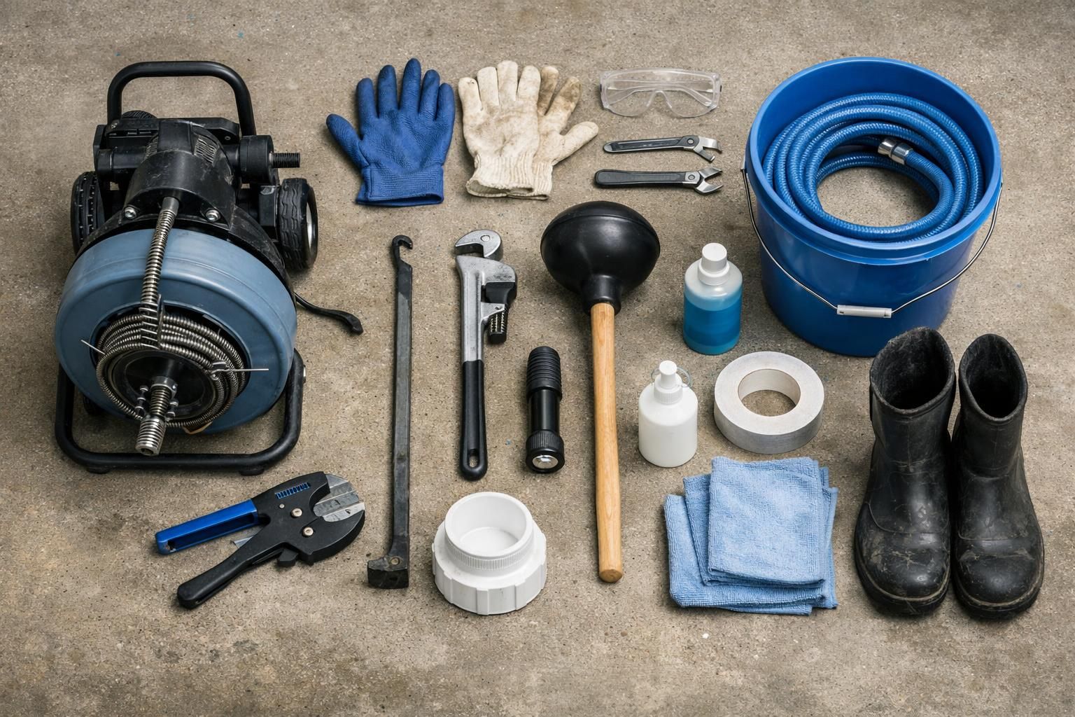 Drain cleaning tools with auger, plunger, hose bucket, boots