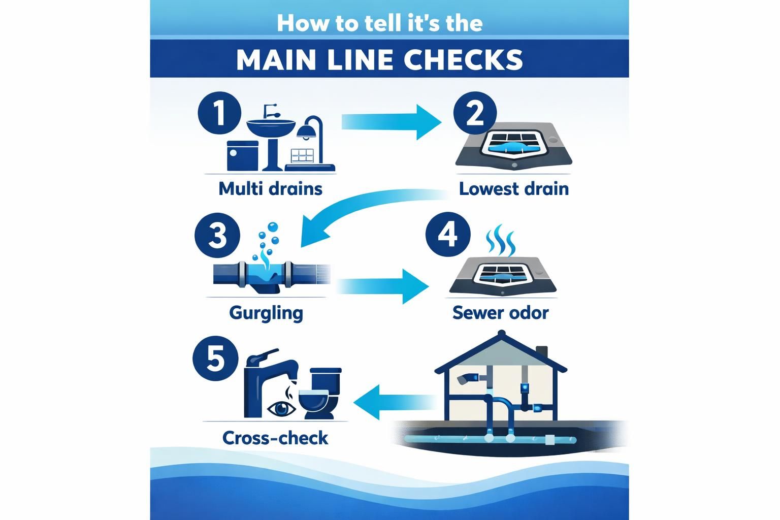Infographic showing main line check signs: gurgling, sewer odor