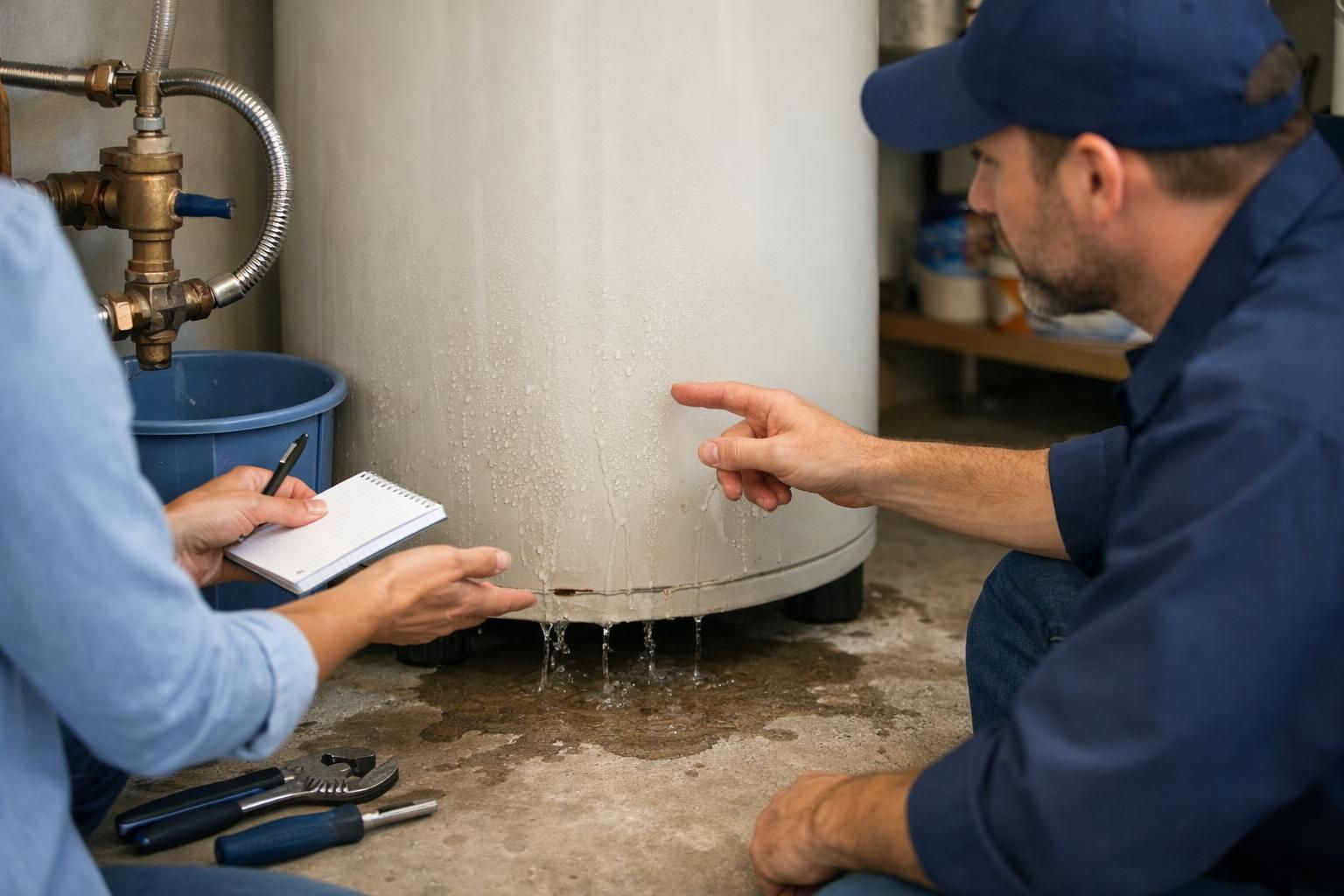 Plumber pointing at leaking water heater with puddle