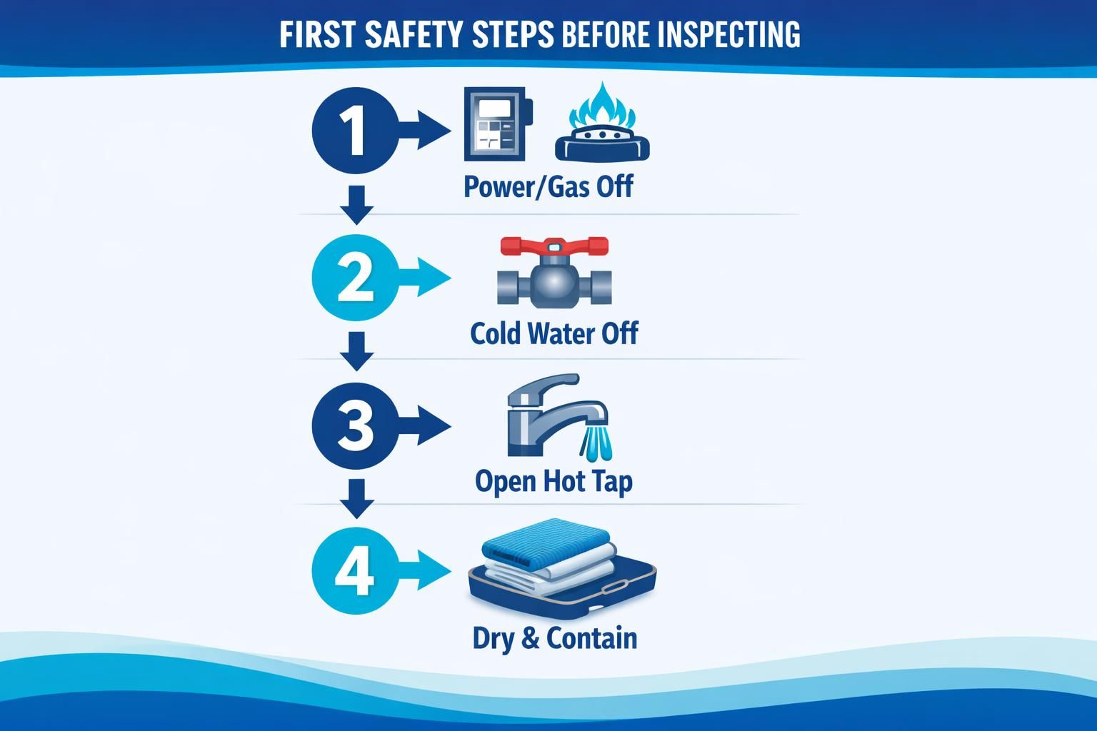 Safety steps infographic: power gas off, water off, open hot tap, dry and contain