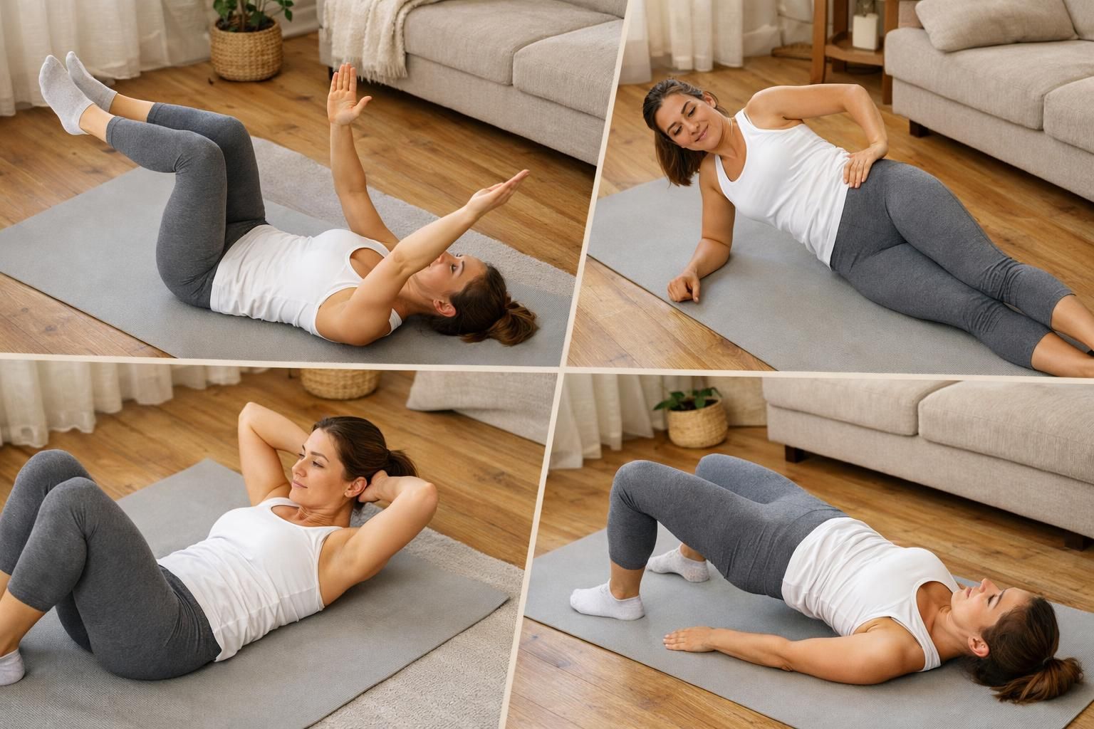 Woman doing core exercises on yoga mat at home