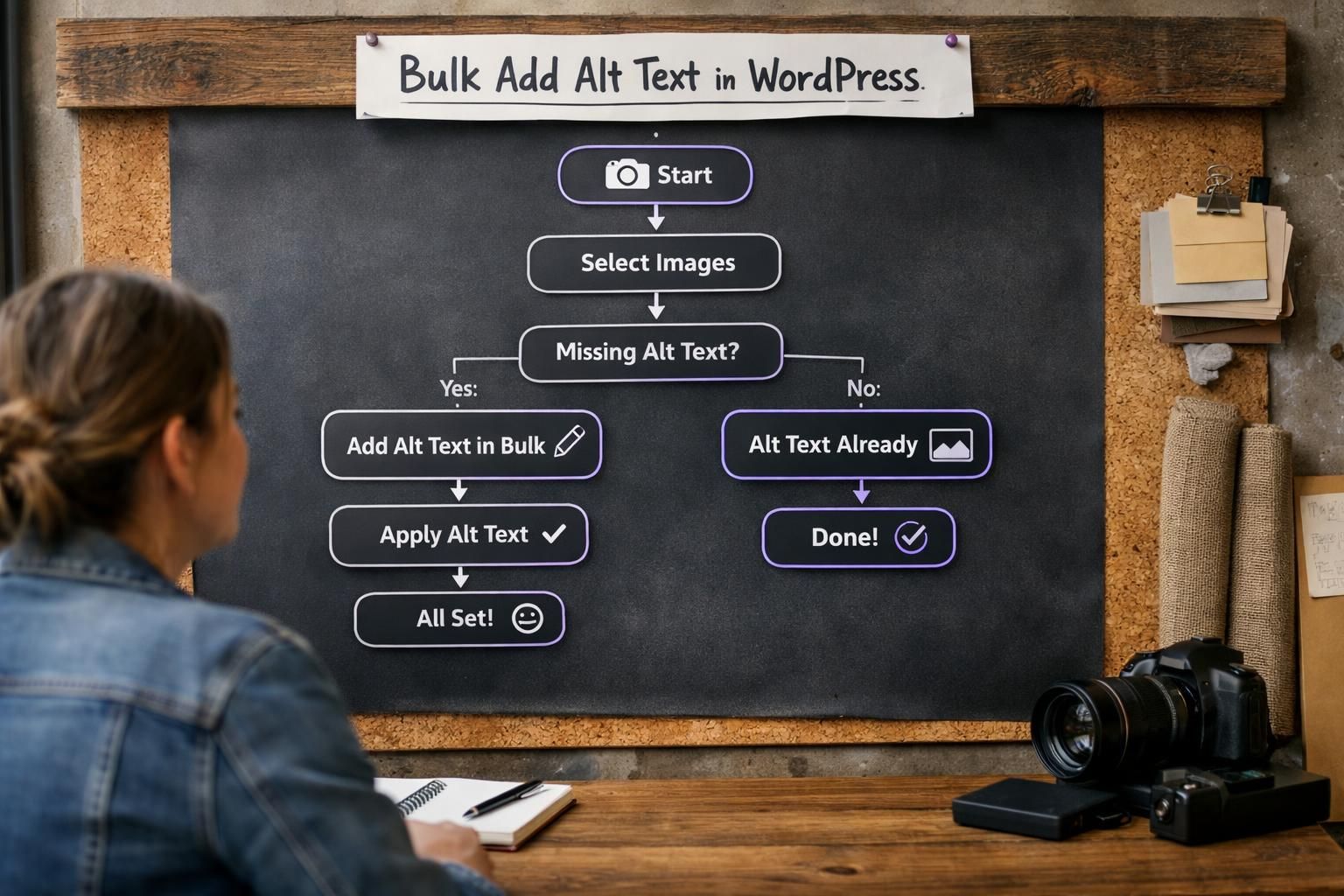 Person viewing chalkboard flowchart about bulk alt text