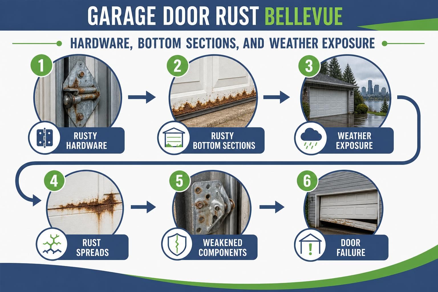 Diagram shows rusty hardware, bottom sections, weather exposure, and door failure