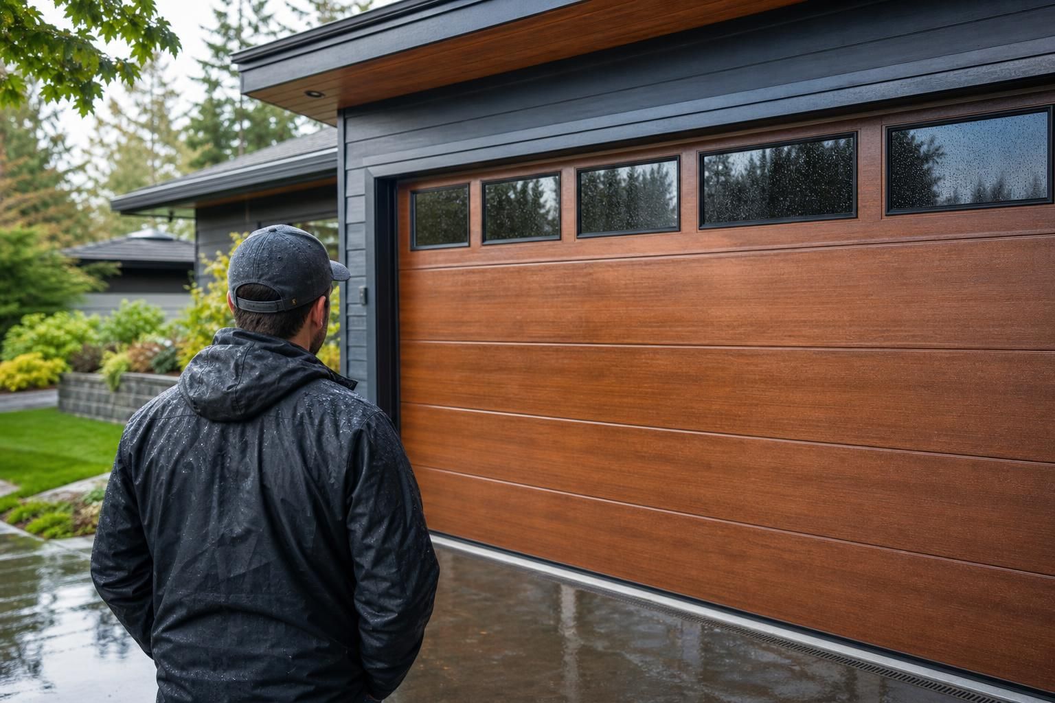 Man in rain jacket inspecting wood garage door with wet windows