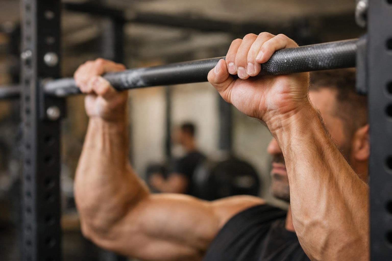 Close-up of hands gripping pull-up bar in gym