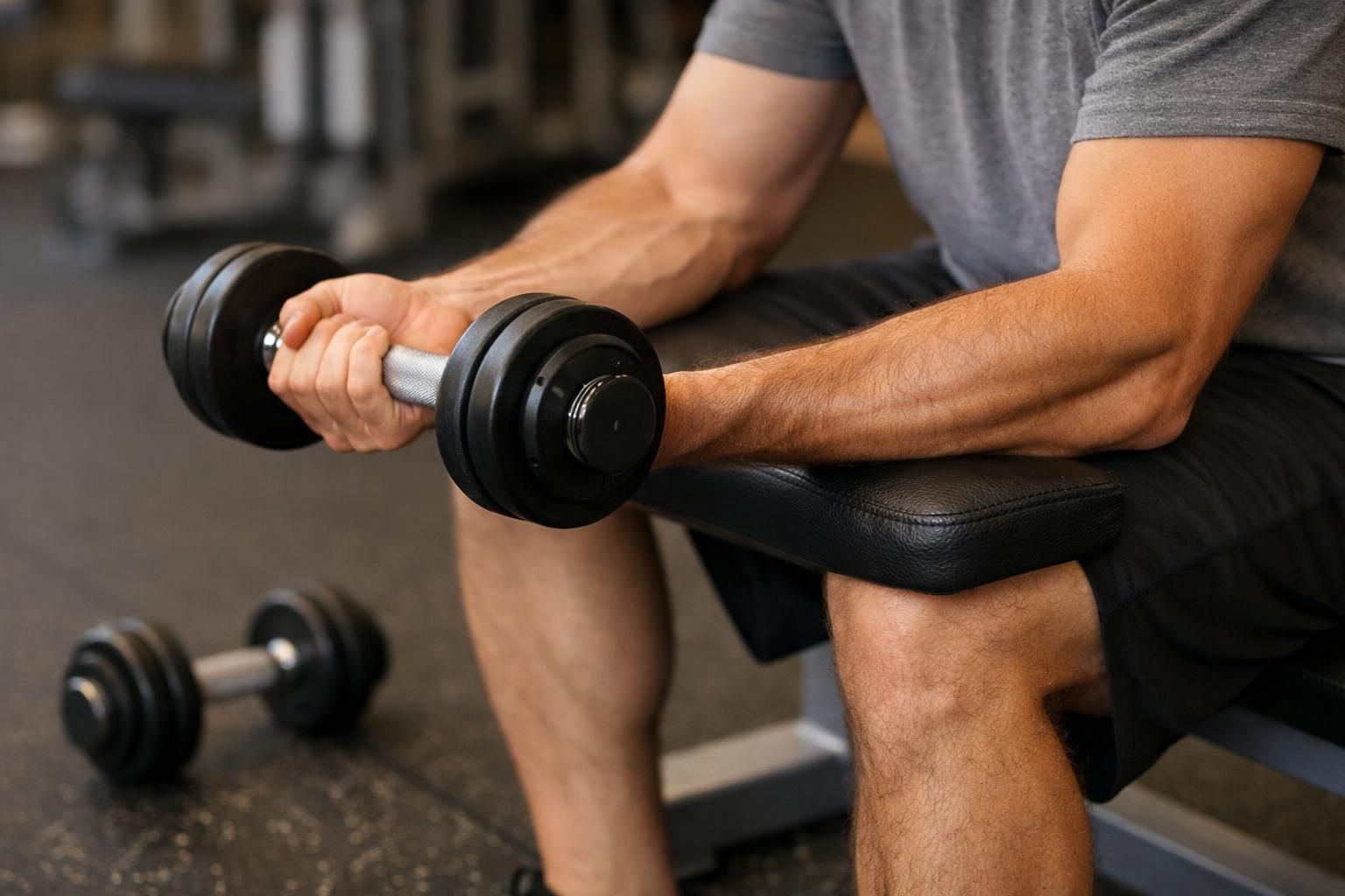 Man performing seated dumbbell curl on gym bench