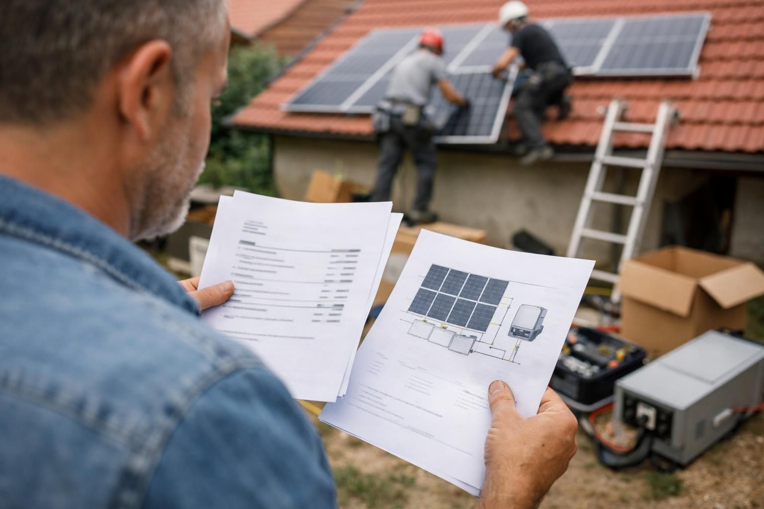 Man reviews solar panel plans as workers install roof panels