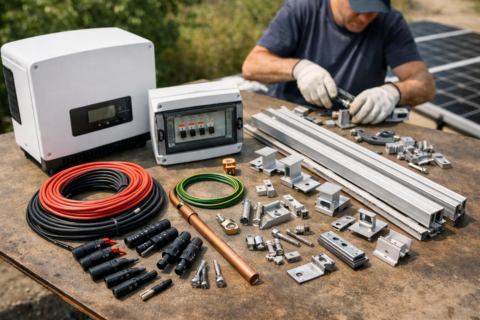 Solar inverter, cables, rails, and connectors on workbench