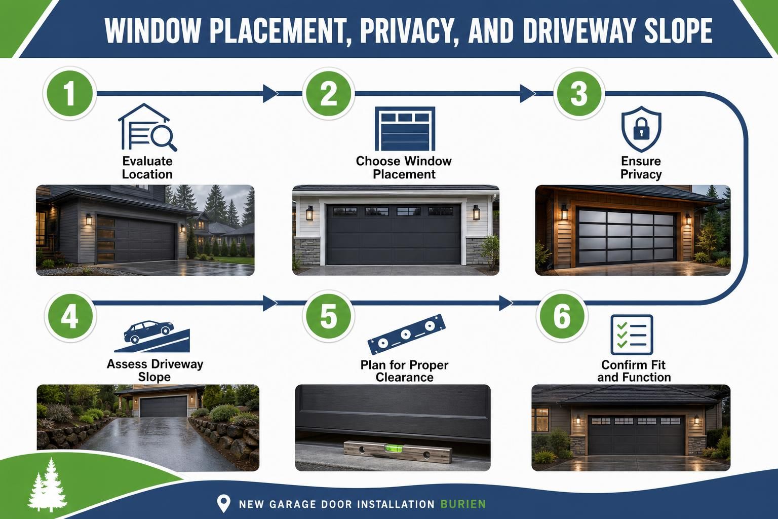 Infographic shows garage door windows, driveway slope, and clearance steps