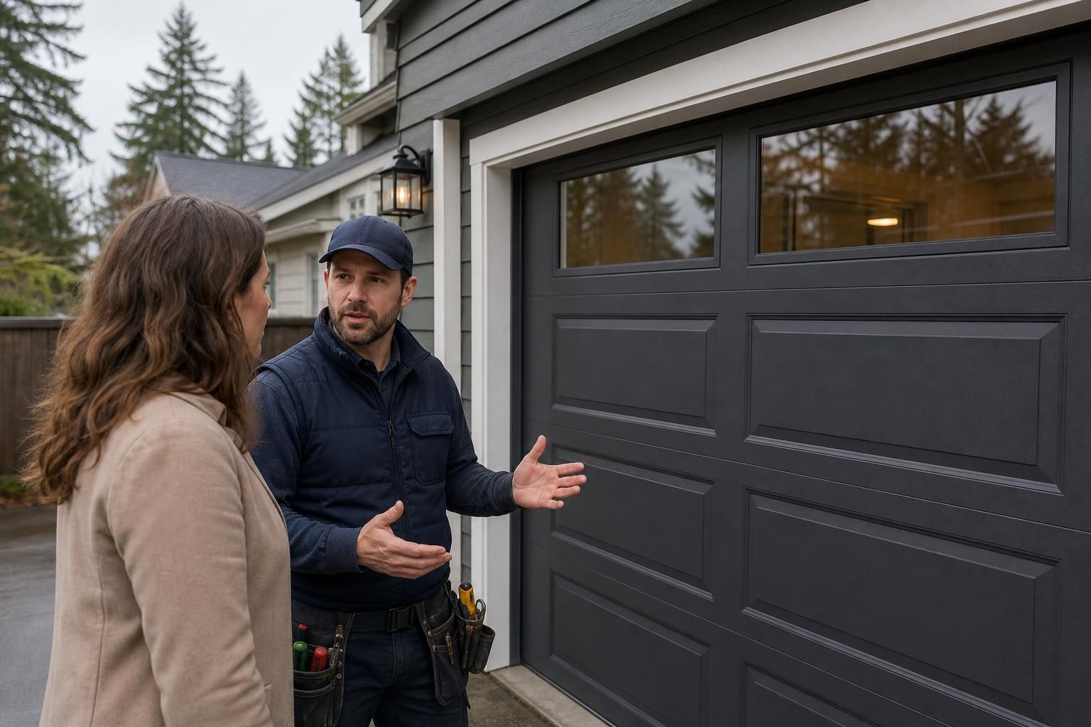 Installer explains black garage door panels to homeowner