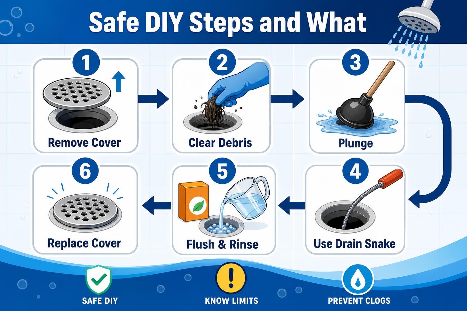 Six-step infographic shows shower drain cleaning with cover removal, debris clearing, plunging, and drain snake use