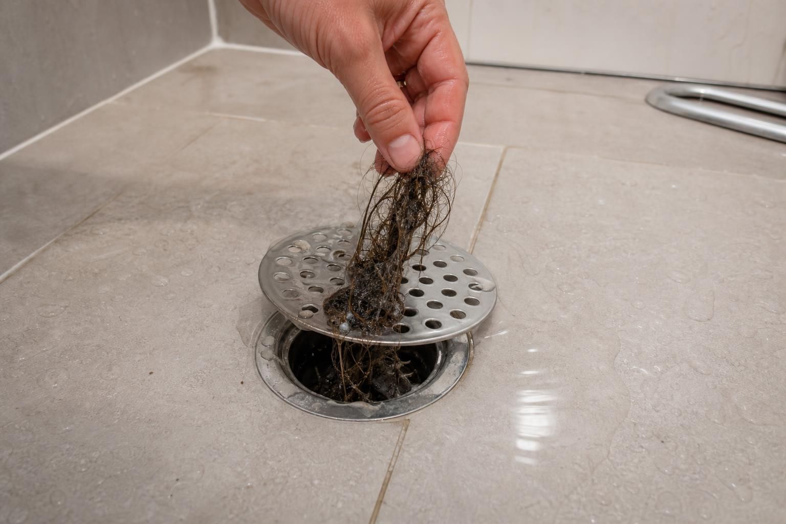 Hand removes hair clog from shower drain