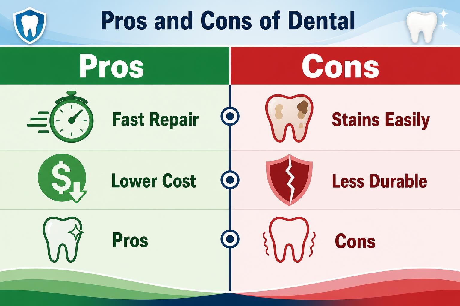 Dental bonding pros and cons with clocks, damaged teeth, and shield icons