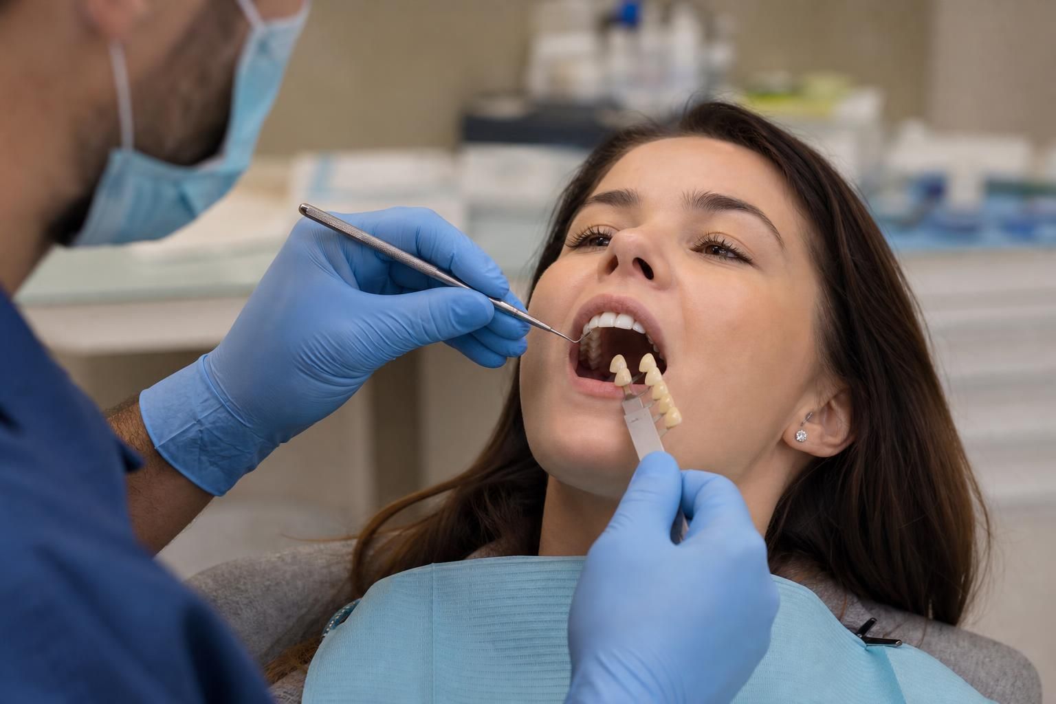 Dentist examines a patient&rsquo;s teeth with a mirror and shade guide