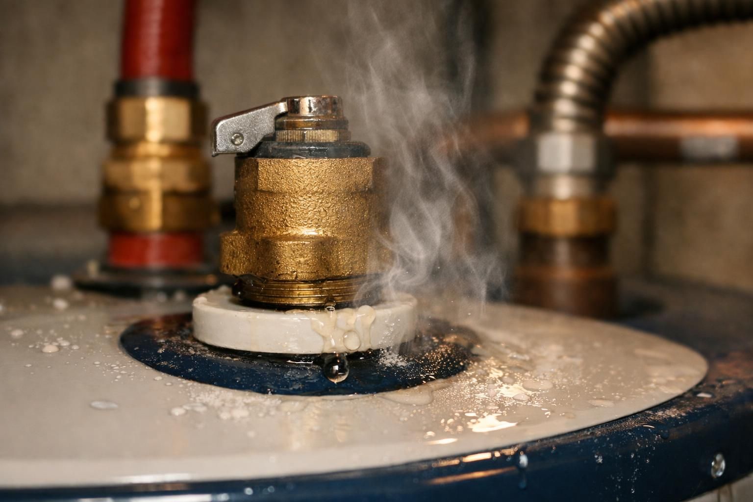 Steam rising from leaking water heater pressure relief valve