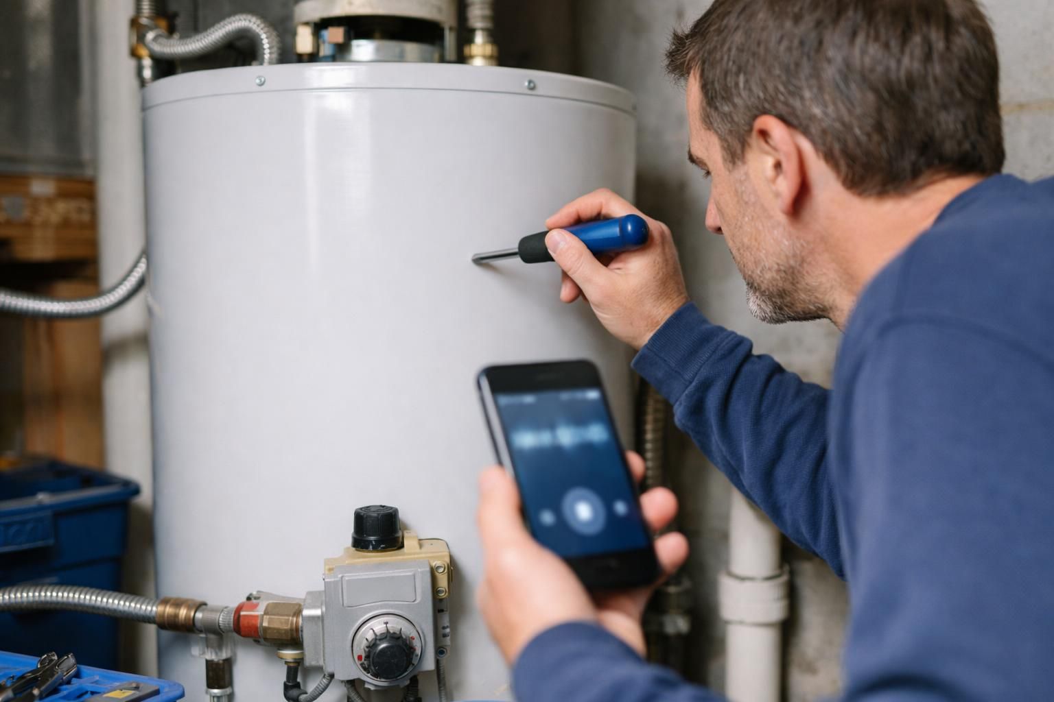 Technician checks water heater with screwdriver and smartphone