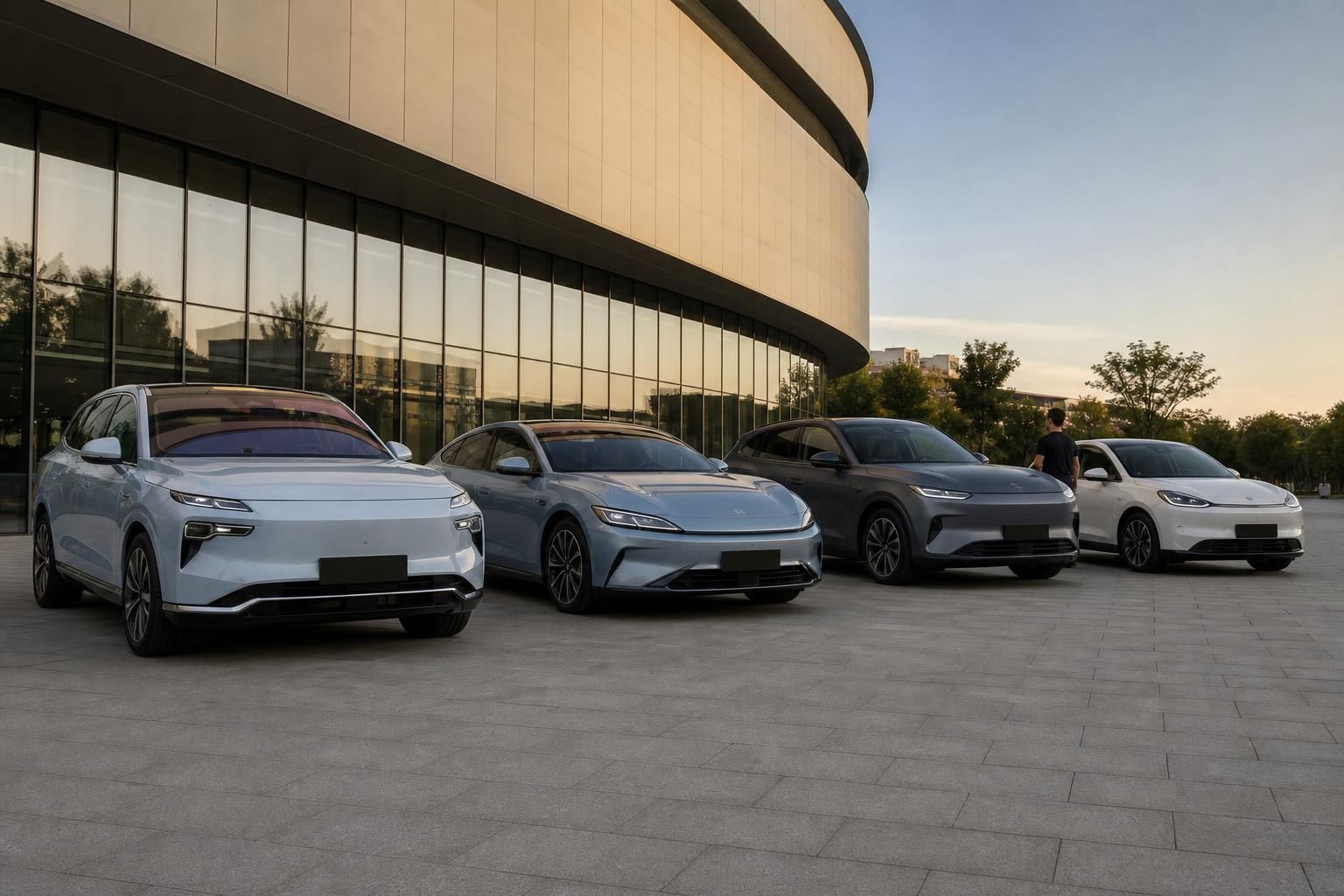 Četiri kineska električna automobila ispred moderne zgrade
