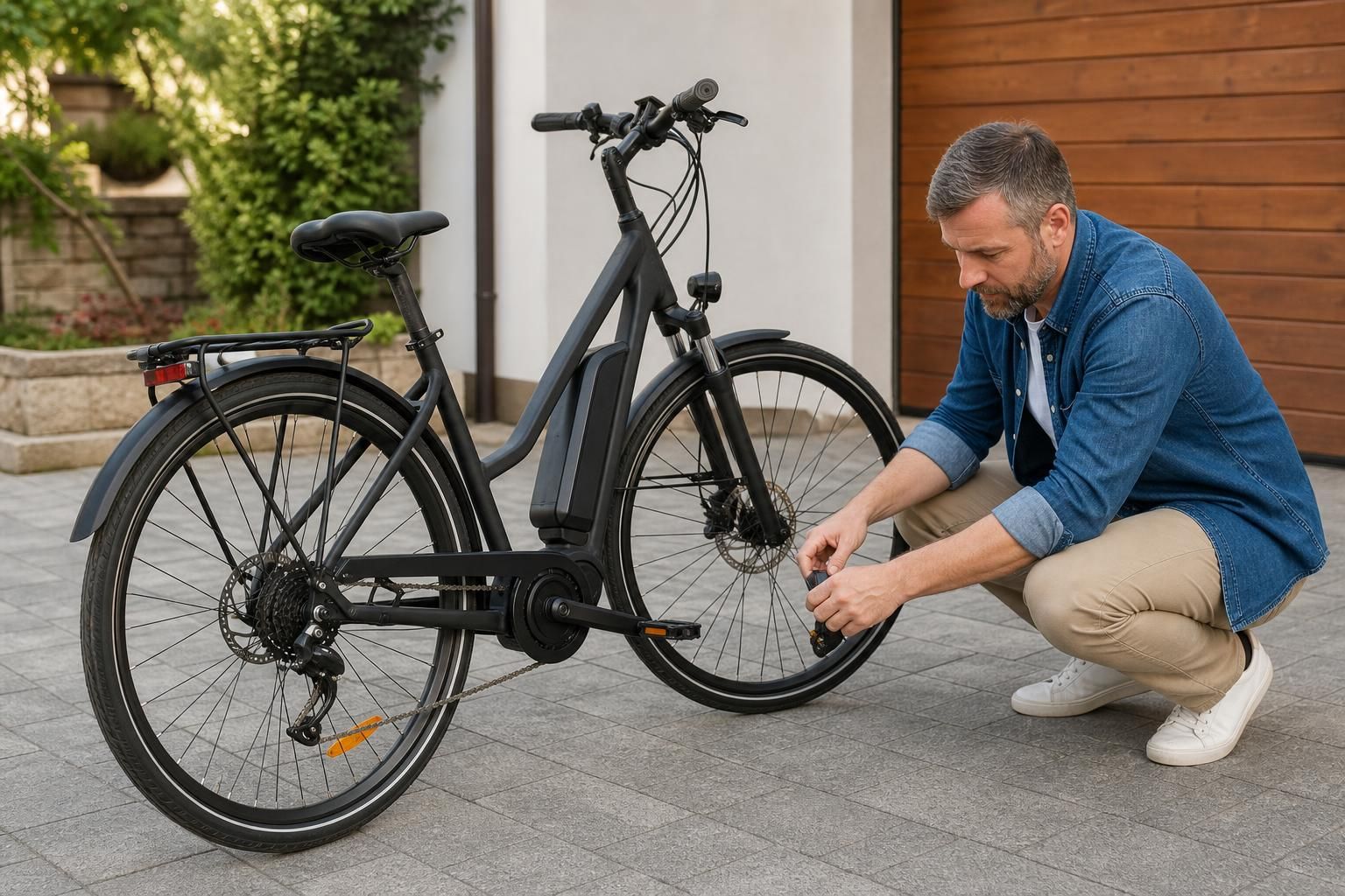 Muškarac proverava prednji točak električnog bicikla ispred garaže