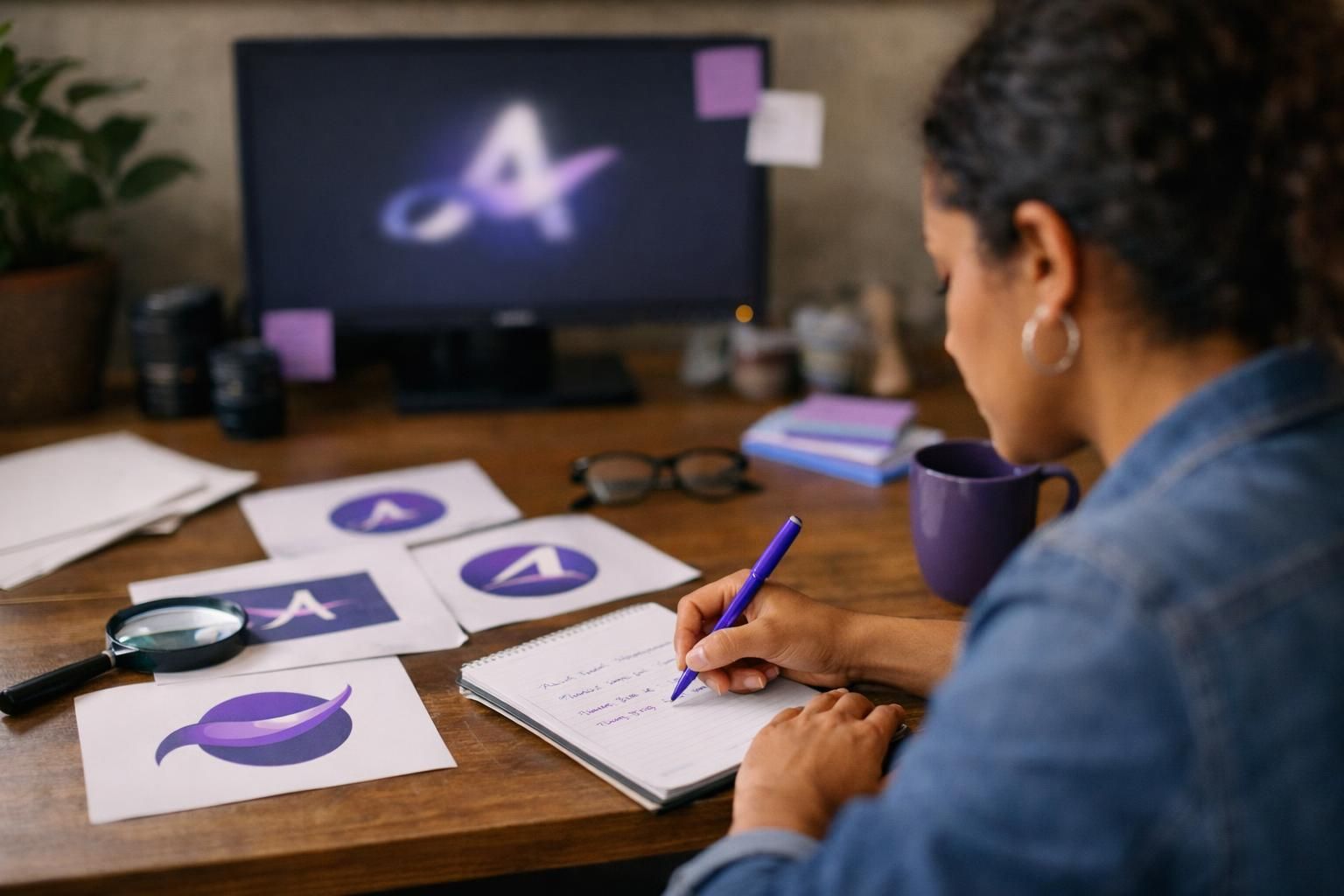 Designer writing notes beside purple logo sketches on desk