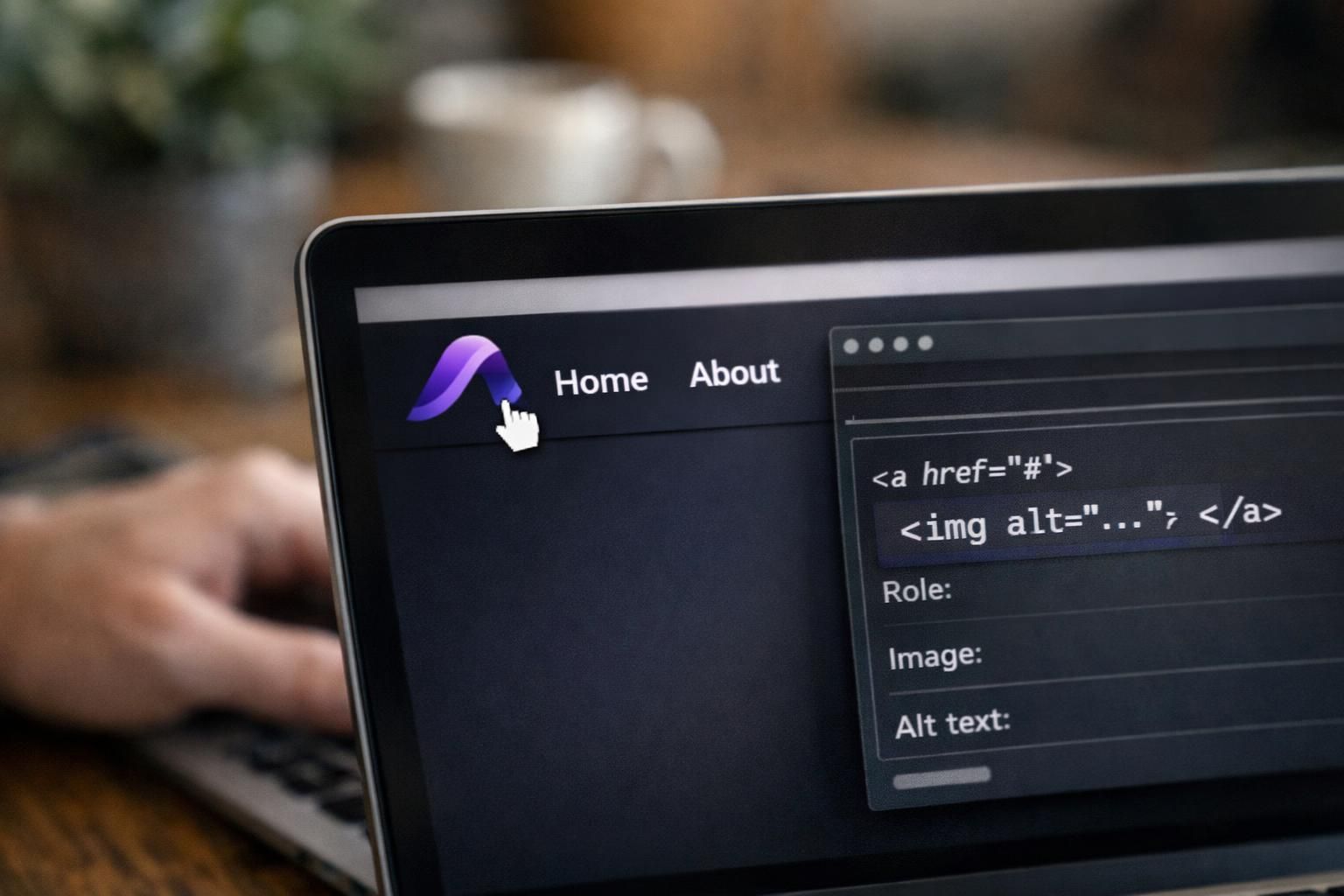 Laptop screen showing website menu and HTML alt attribute