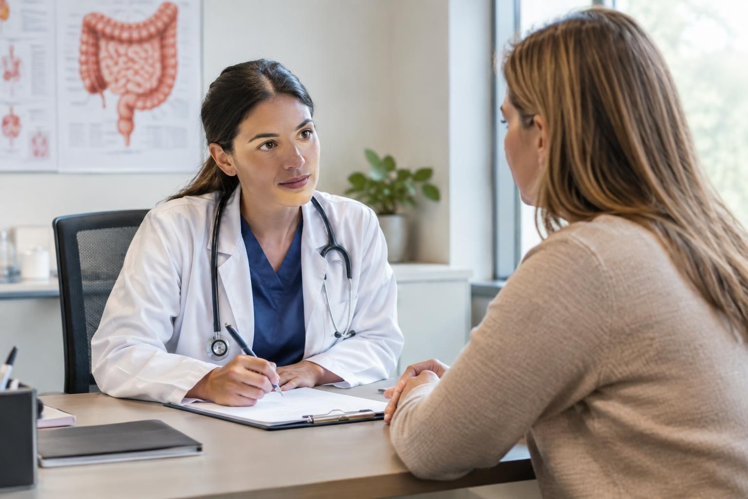 Doctor discusses paperwork with a patient in an office