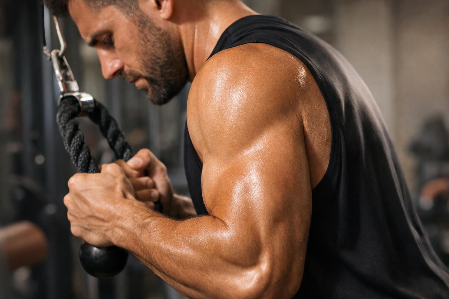 Muscular man doing triceps rope pushdown at gym