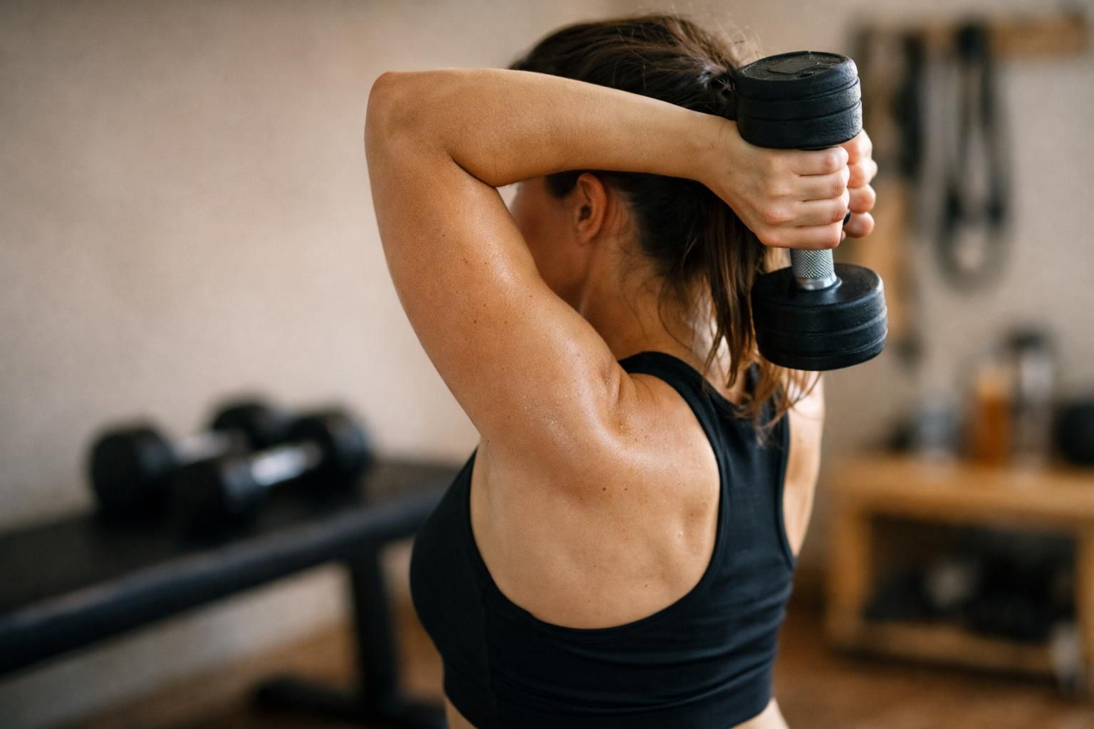 Woman lifting black dumbbell overhead in home gym
