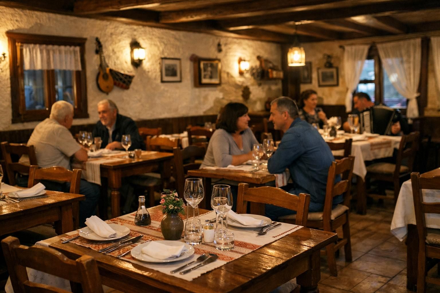 Cozy rustic restaurant with diners at wooden tables
