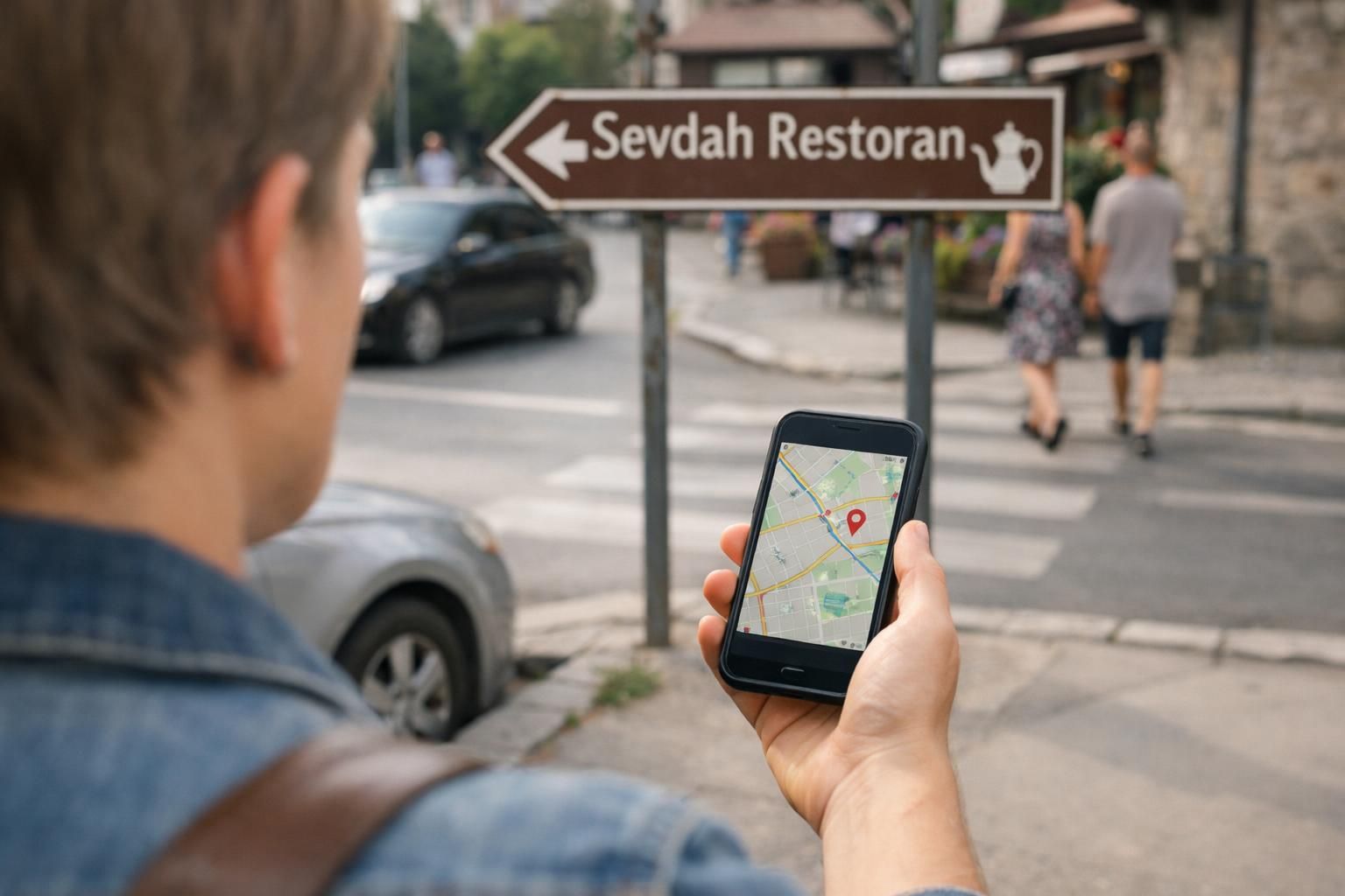 Man holding phone map near Sevda restaurant sign