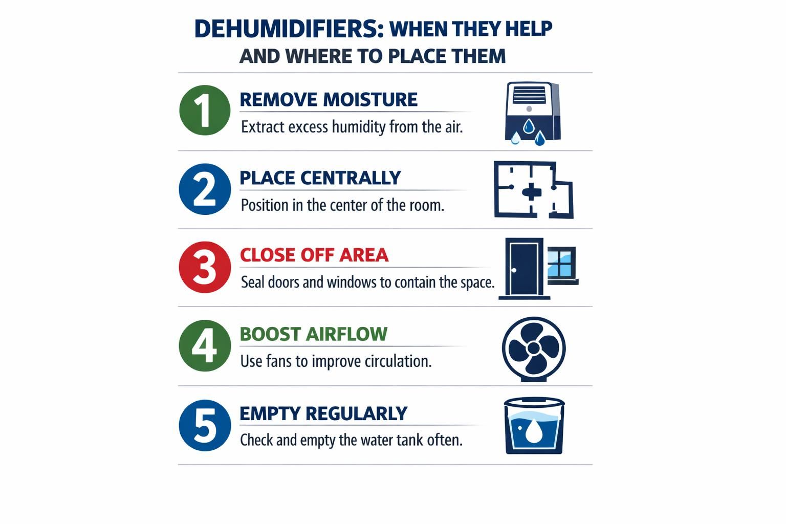 Infographic listing five dehumidifier placement and use tips