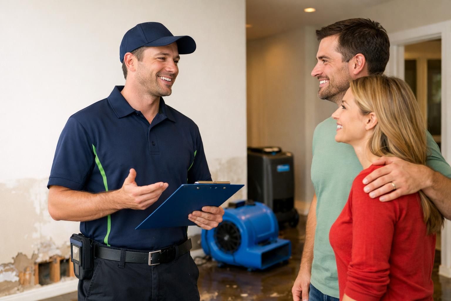 Technician with clipboard talks to smiling couple indoors