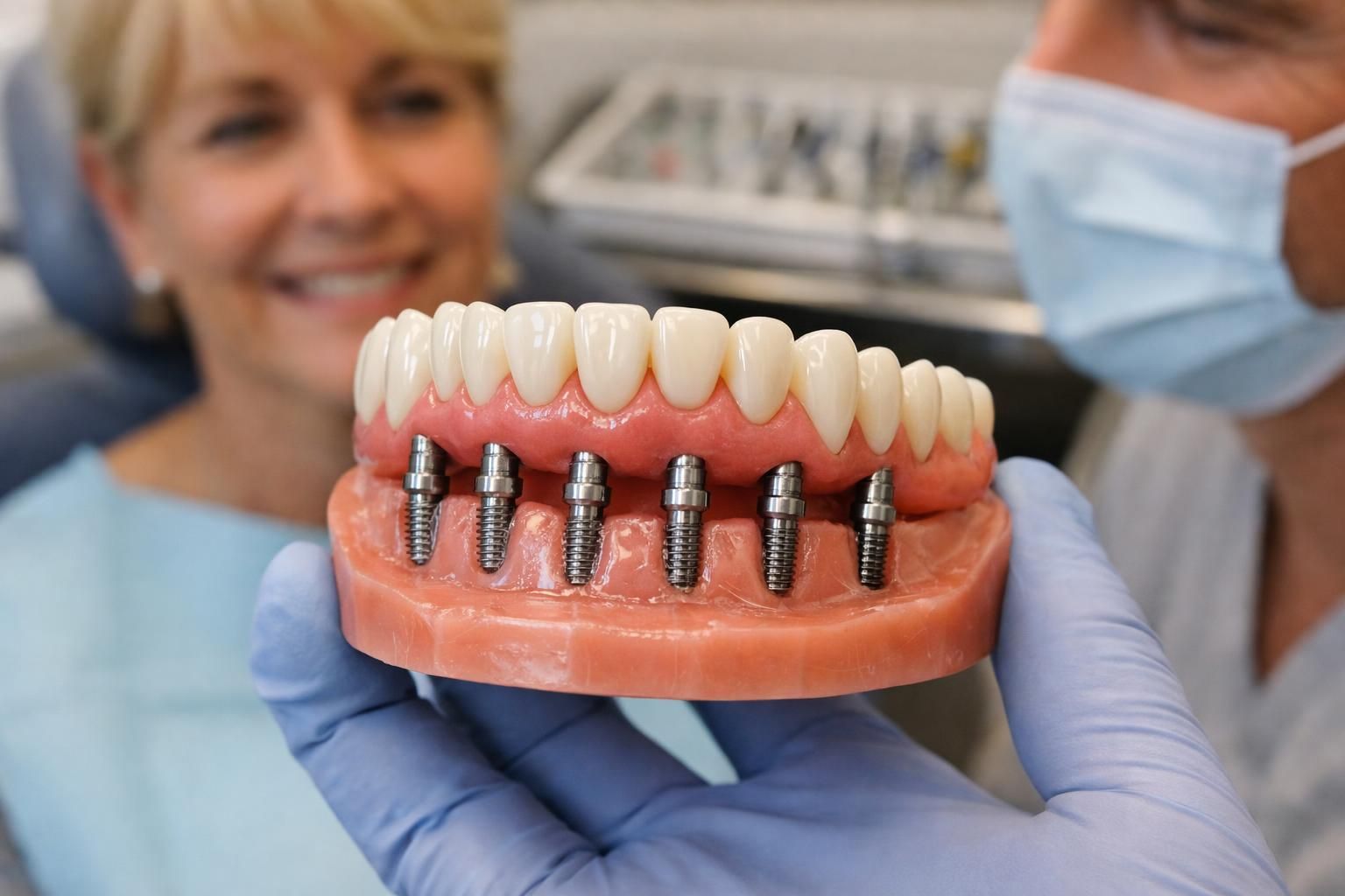 Gloved hands holding dental implant denture model in clinic