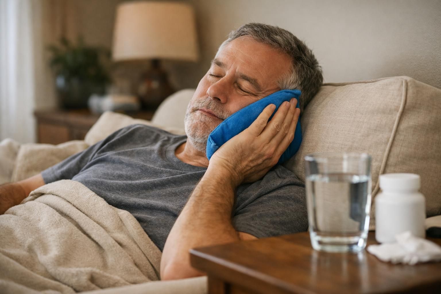 Man resting on couch holding blue ice pack to cheek