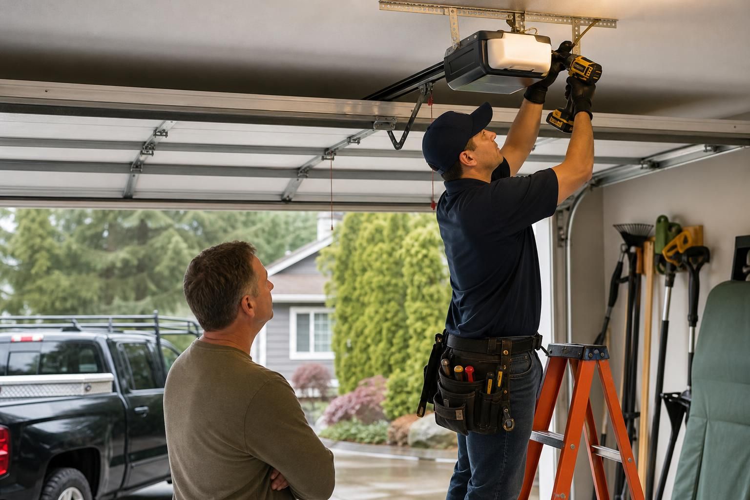Technician drills garage door opener rail while homeowner watches