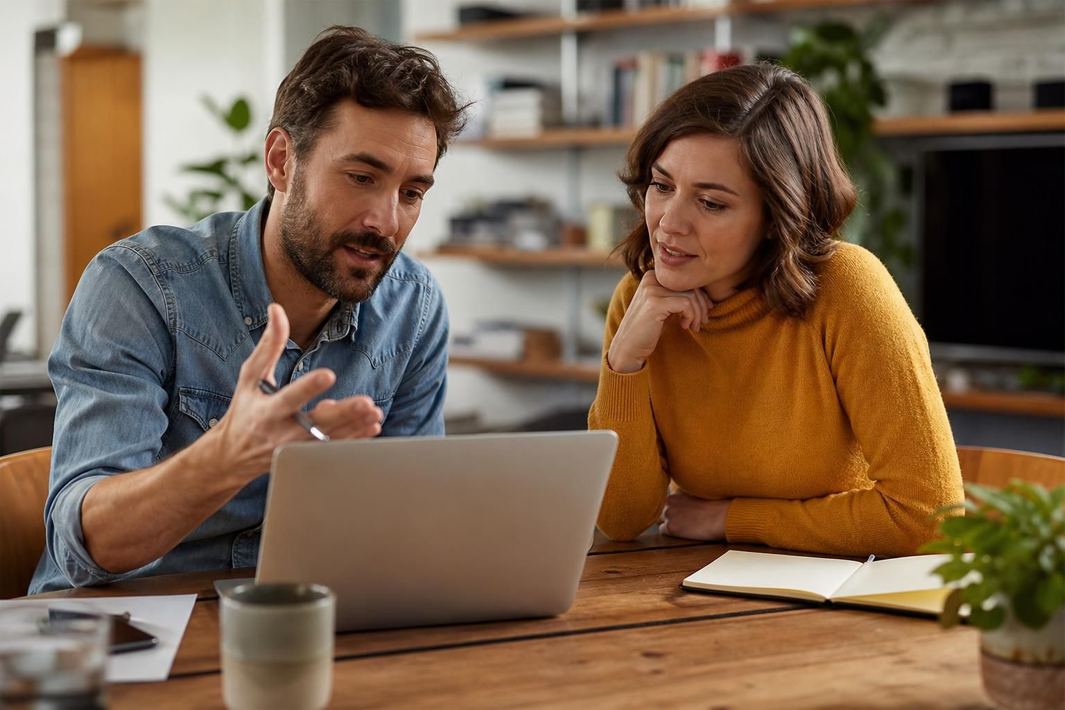 Two people discuss data on a laptop at a wooden table