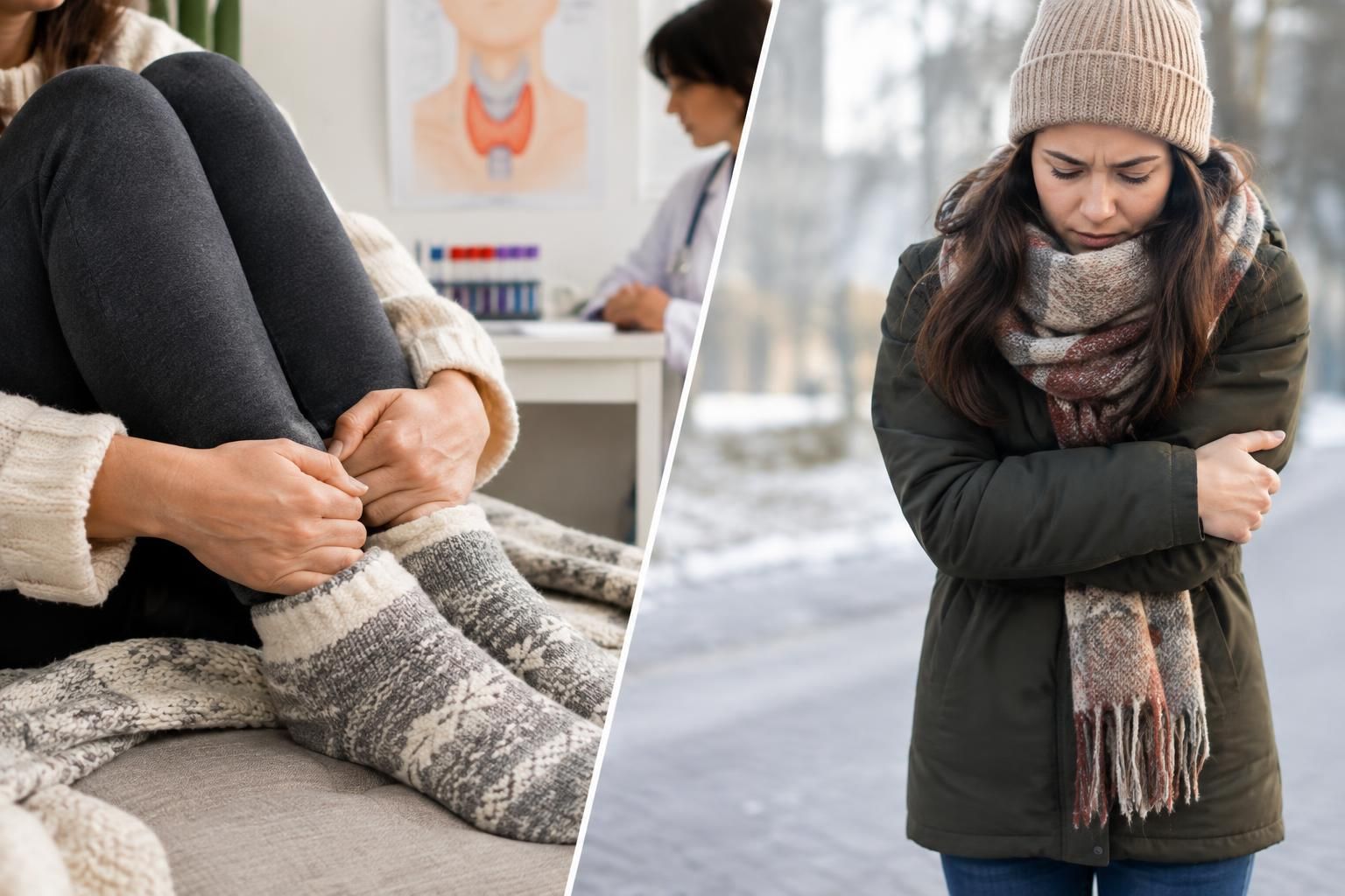 Woman warms cold feet while doctor sits nearby; another shivers outside