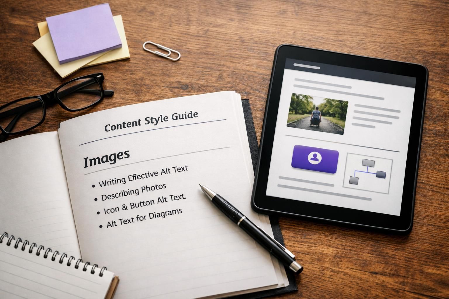 Open content style guide beside tablet on wooden desk
