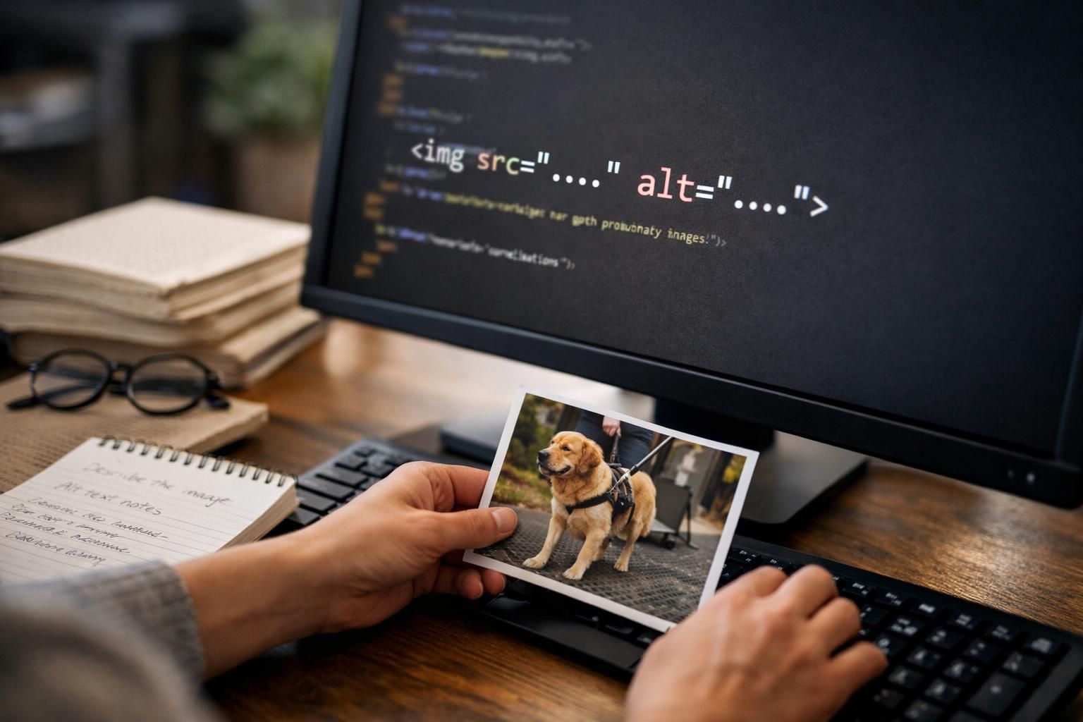 Hands holding dog photo beside computer showing alt tag