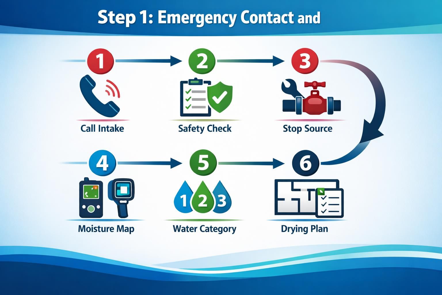 Infographic showing six steps for emergency contact and drying