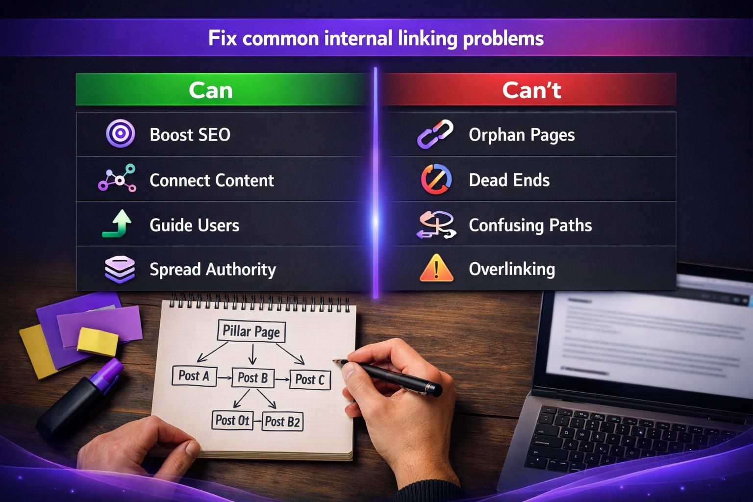 Internal linking tips graphic above notebook site structure diagram