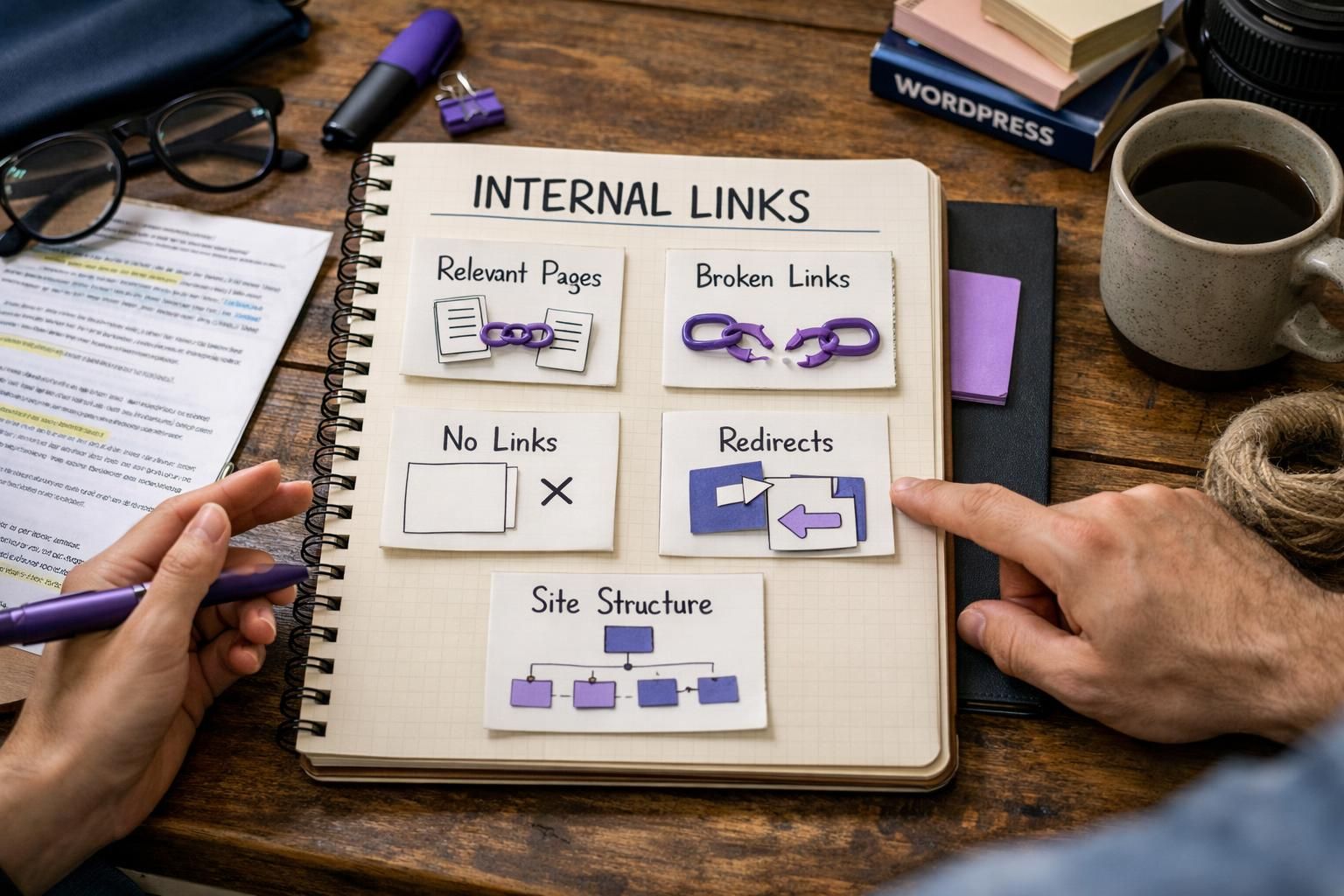Notebook showing internal links diagram with purple icons