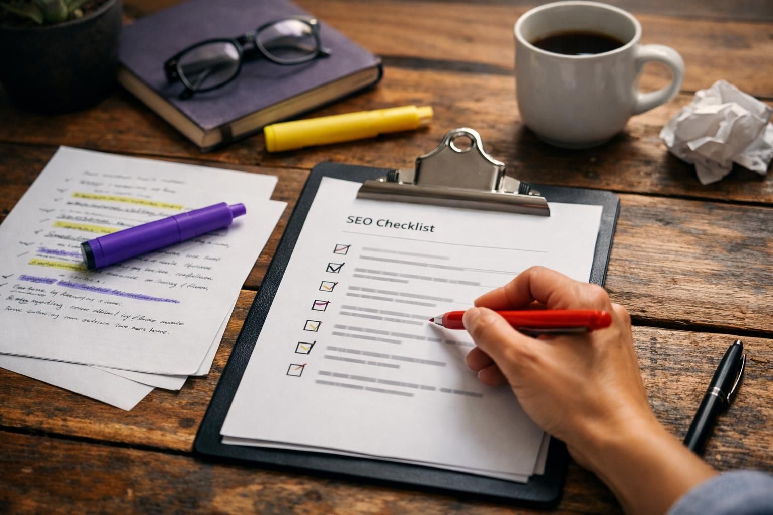 Hand marks SEO checklist on clipboard beside coffee