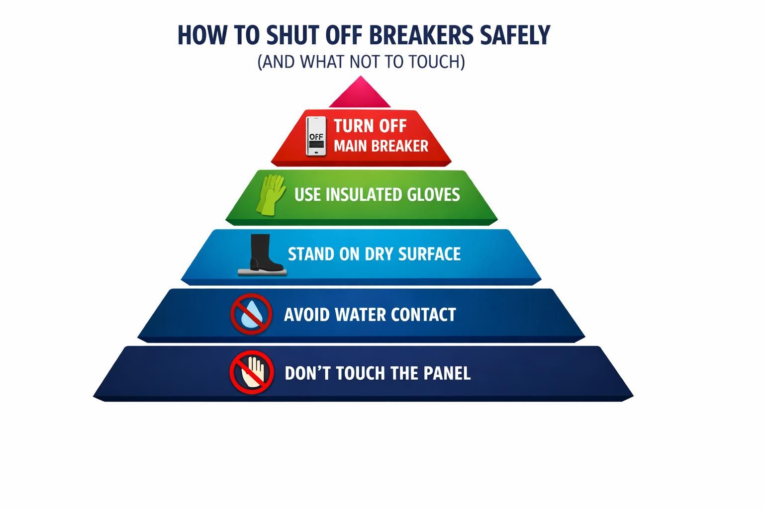 Pyramid infographic showing steps to shut off breakers safely