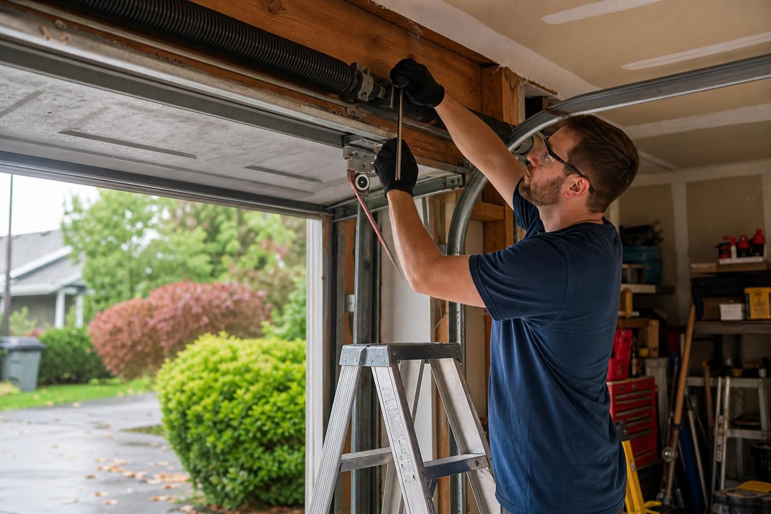 Technician adjusts garage door torsion spring with winding bar