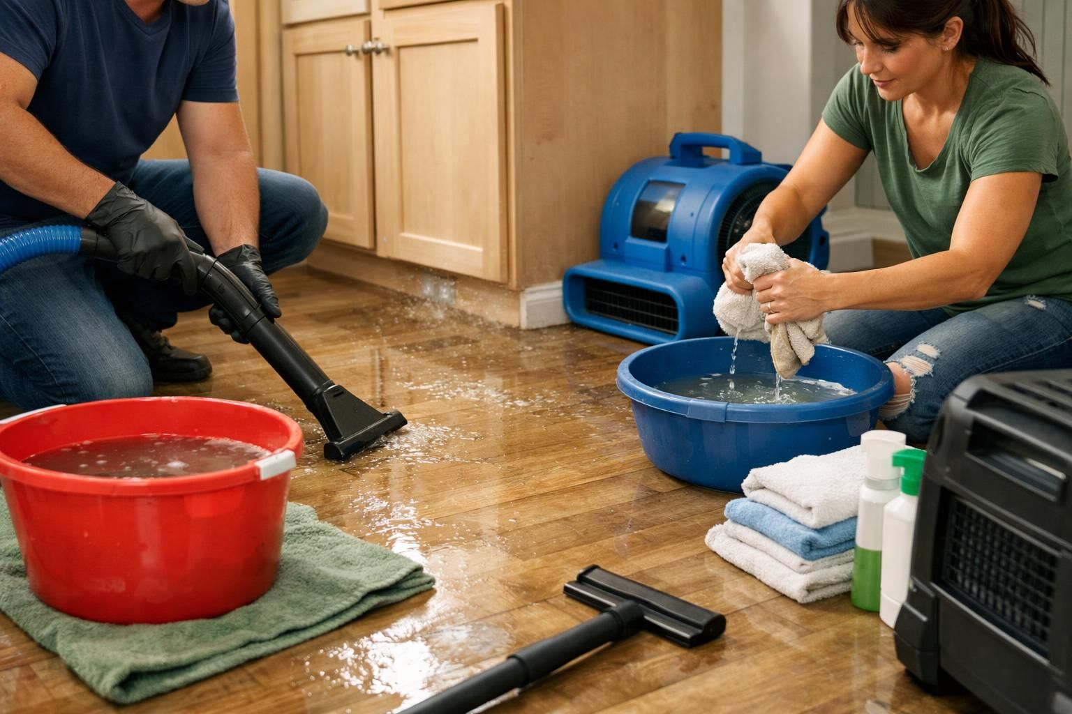 Two people cleaning flooded kitchen floor with wet vacuum