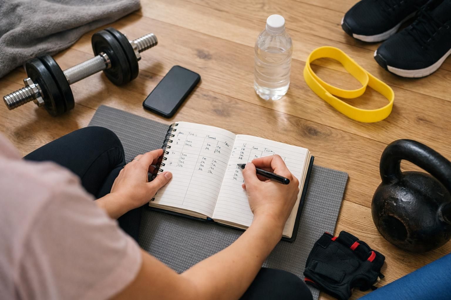 Person writing workout log beside dumbbell, kettlebell, water bottle